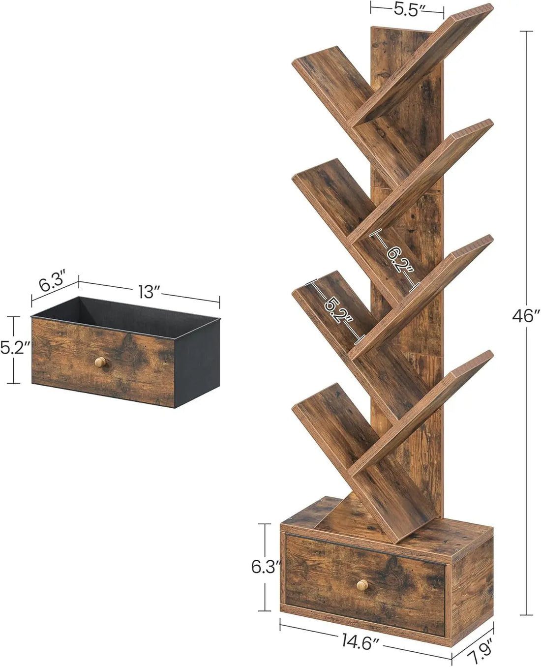 9 Tier Tree Book Shelf with Drawer, Floor Standing Bookshelf Storage Peach Maple