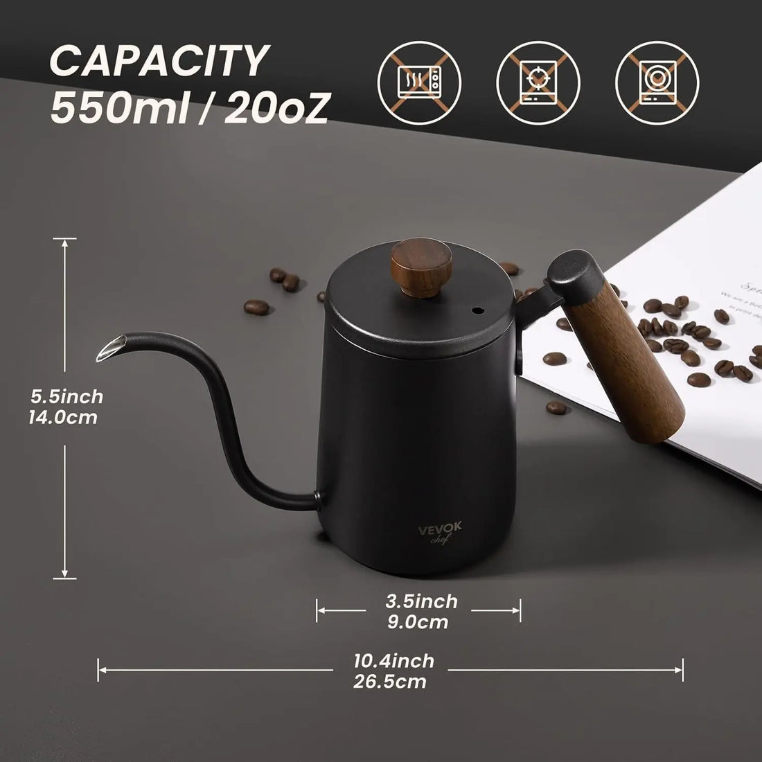 Mini Gooseneck Kettle with Wooden Handle, 20 Ounce 550Ml for 2 Cups, Stainless Steel Narrow Long Spout, Small Tea Water Coffee Kettle for Pour Over, Drip Coffee Maker, Teapot