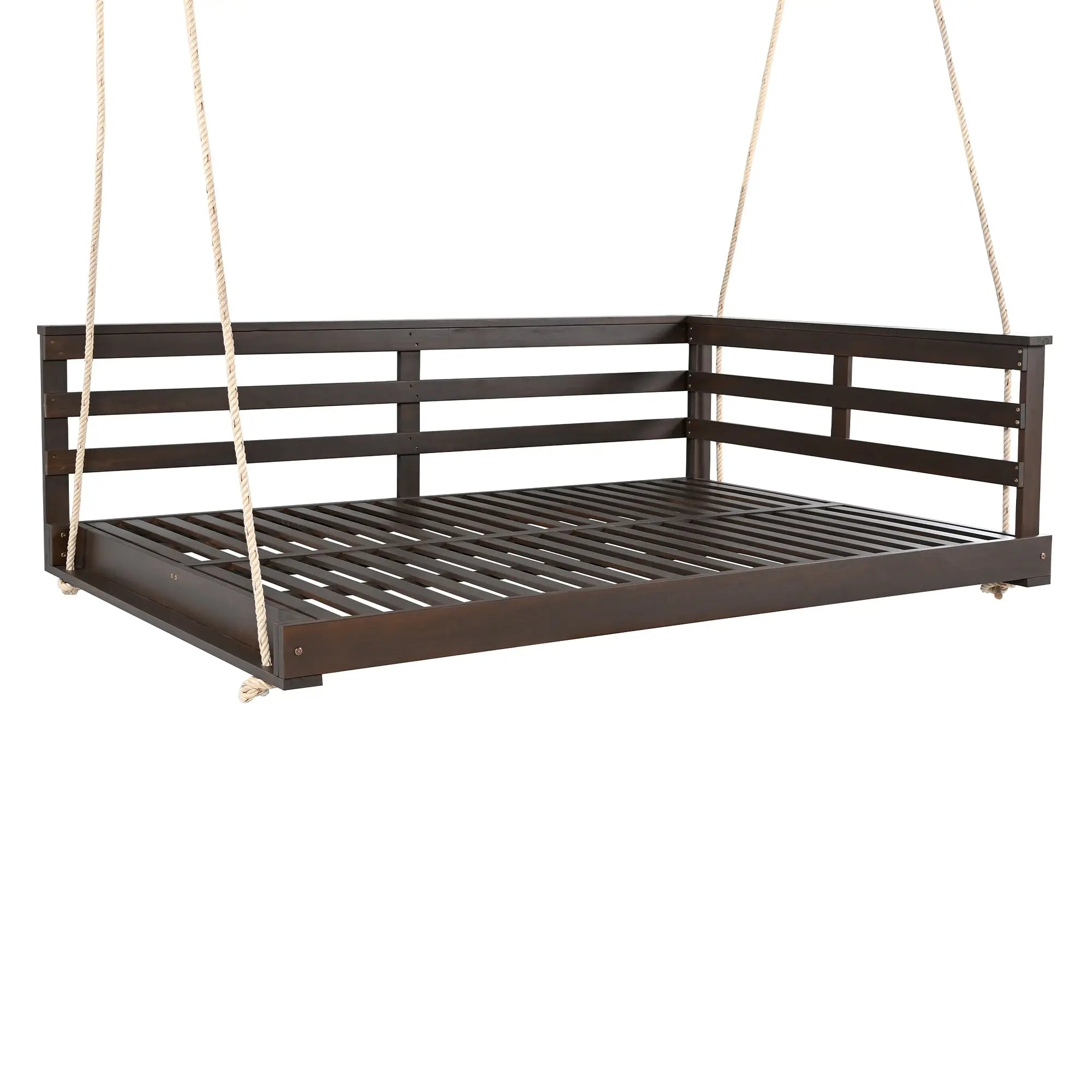 Acacia Wood Porch Swing Bed for Outdoor with Hemp Ropes - Full Size Sangria Beech