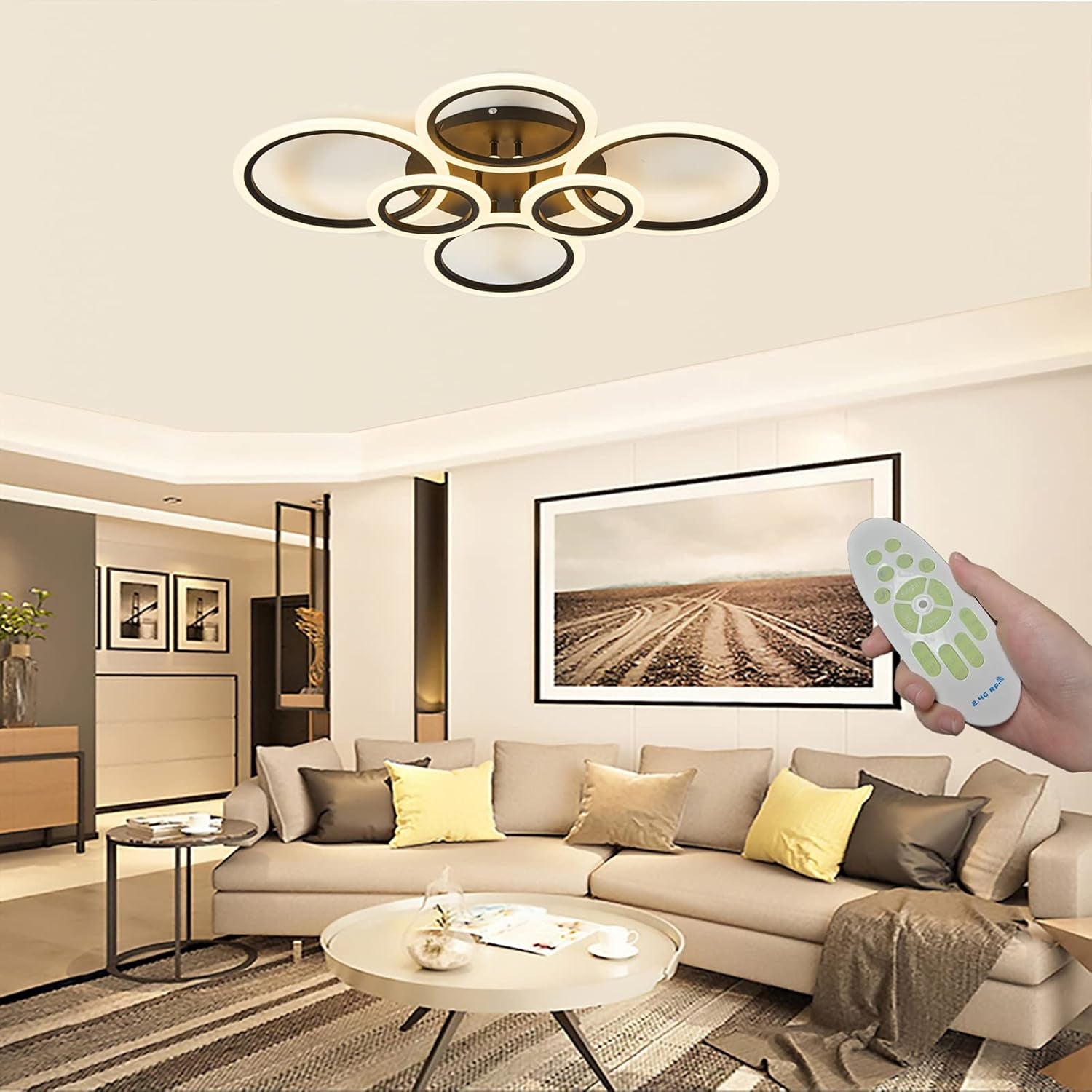 Modern LED Ceiling Light Fixture, 6 Rings Modern Ceiling Lamp, Remote Control Stepless Dimmable Black Modern Led Chandelier, Lamparas De Techo Modernas, for Livingroom, Bedroom, Diningroom