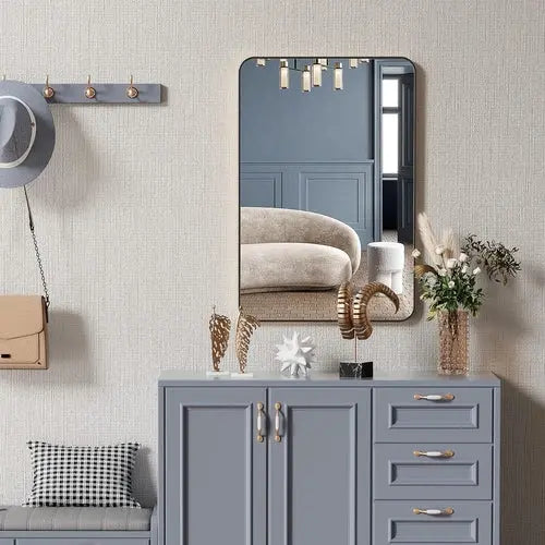 24x36 Inch Black Metal Framed Rectangular Bathrrom Mirror for Wall. Sangria Beech