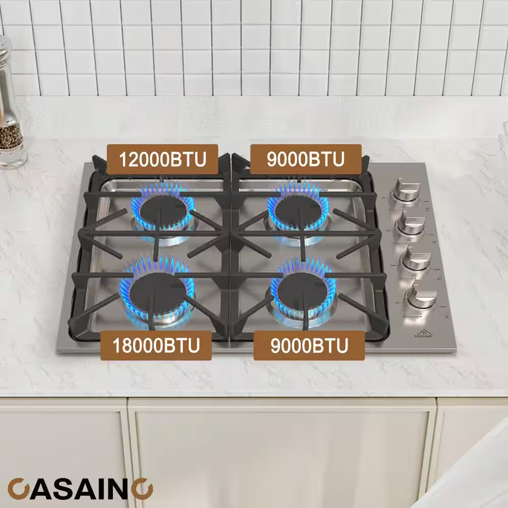 Built-In 30 In. Gas Cooktop in Stainless Steel with 4 Burners and LP Conversion Kit, CSA Certified