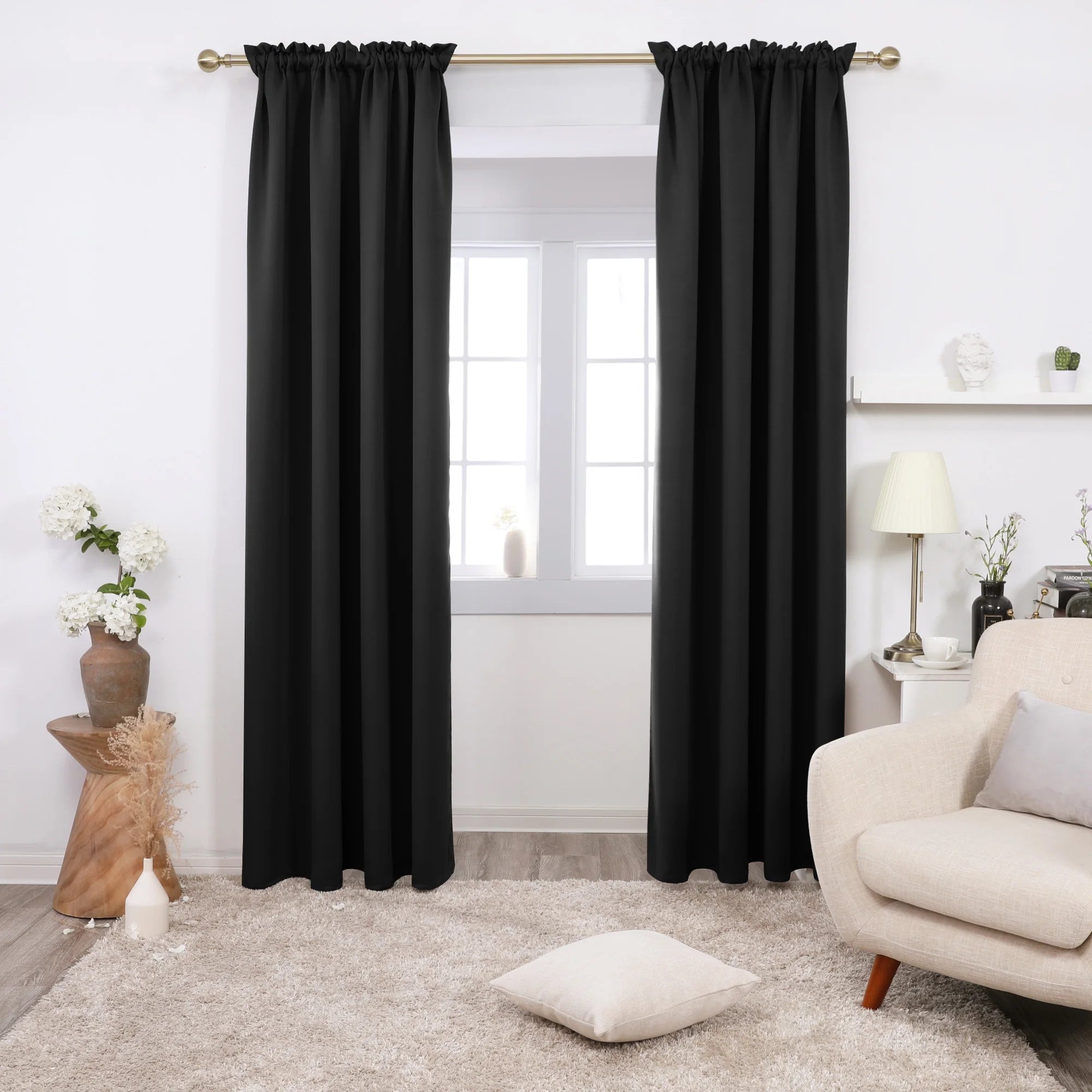 Black Rod Pocket Curtains Thermal Insulated Room Darkening Curtain 108 Inch Blackout Curtains for Patio Sliding Glass Door 52Wx108L Inch Black 2 Panels