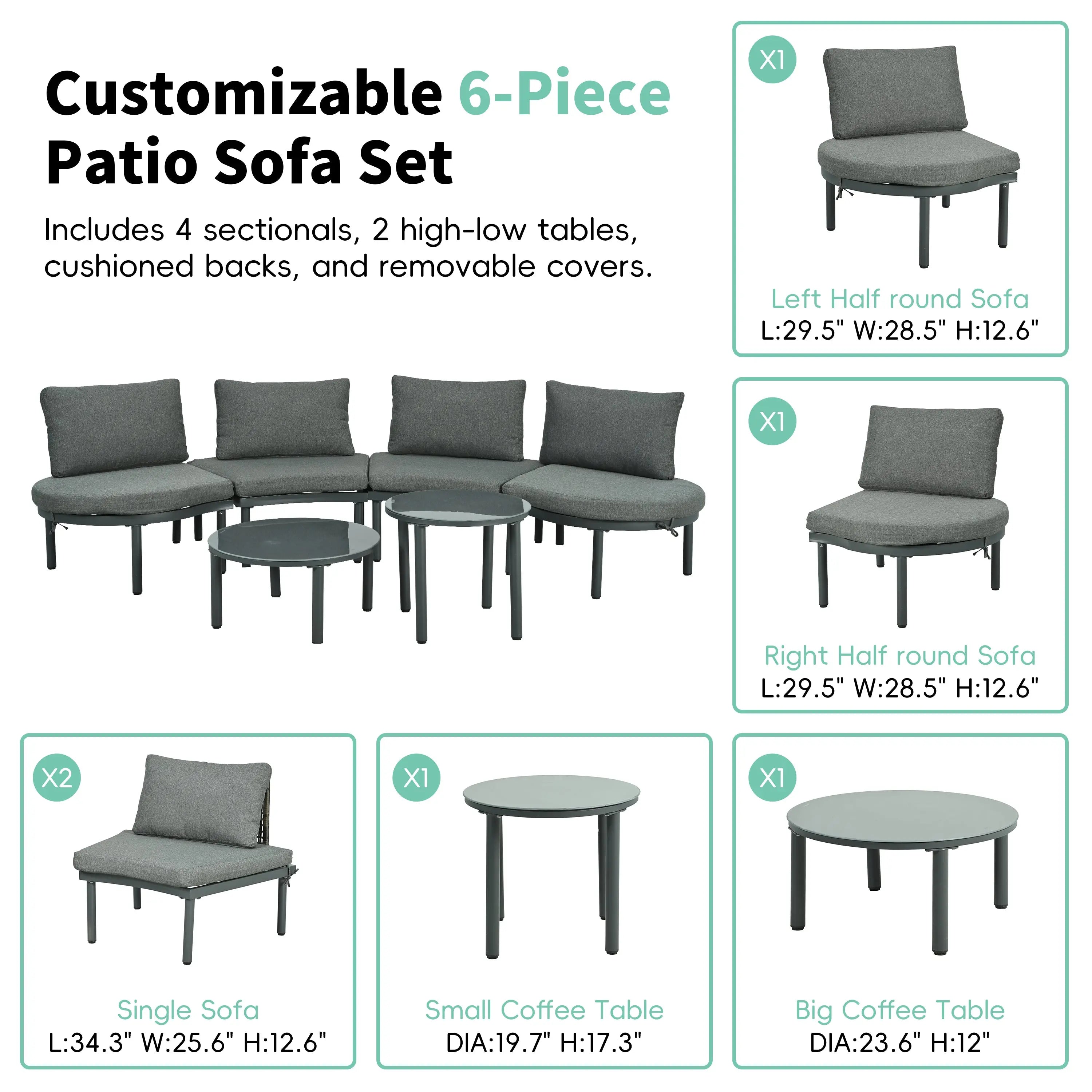 6-Piece Patio Sofa Furniture Set, Half Moon Outdoor Sectional Sofa Sangria Beech