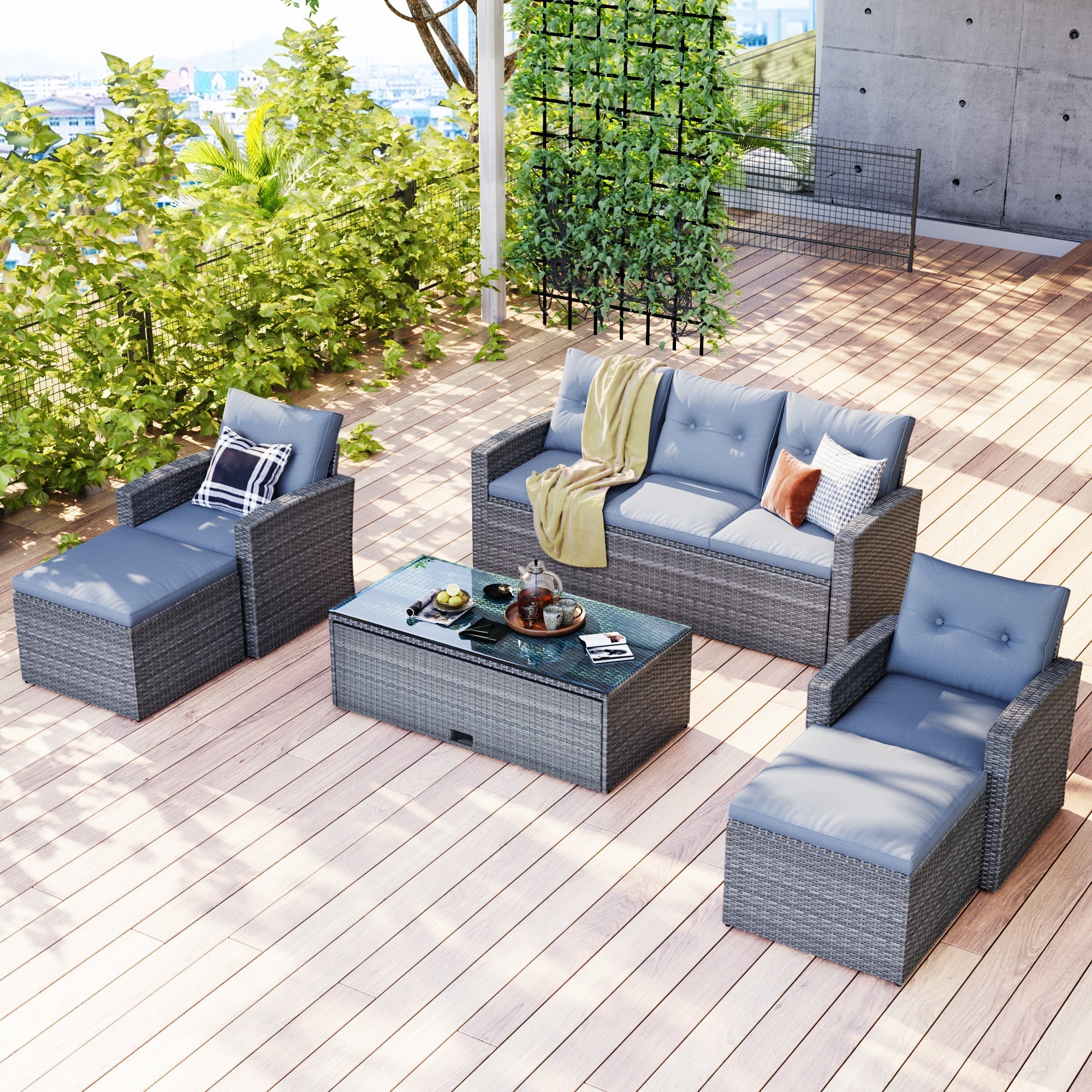 6-piece All-Weather PE rattan Patio Outdoor Dining Conversation Sangria Beech