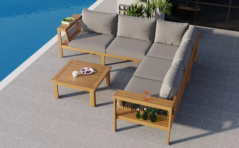 4 Pieces Outdoor Acacia Wood Sofa Set, Woven Mesh Armrests, L-Shaped Sangria Beech