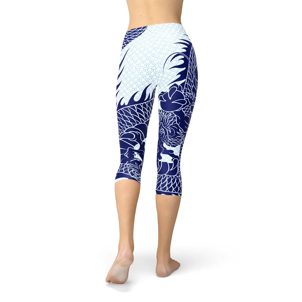 Womens Japanese Dragon Capri Leggings Maroon Sooty