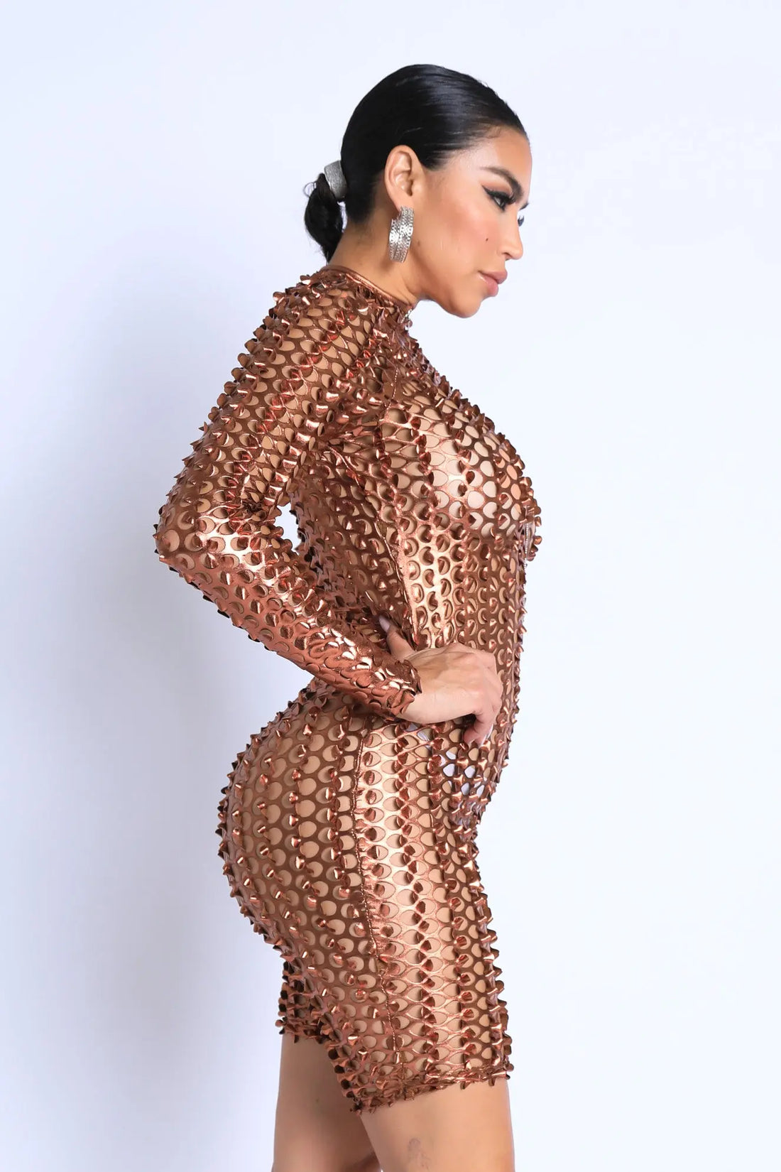 Sexy Club Outfit Romper Long Sleeve Cutting Mesh Bodysuit BRONZE Puce Juniper