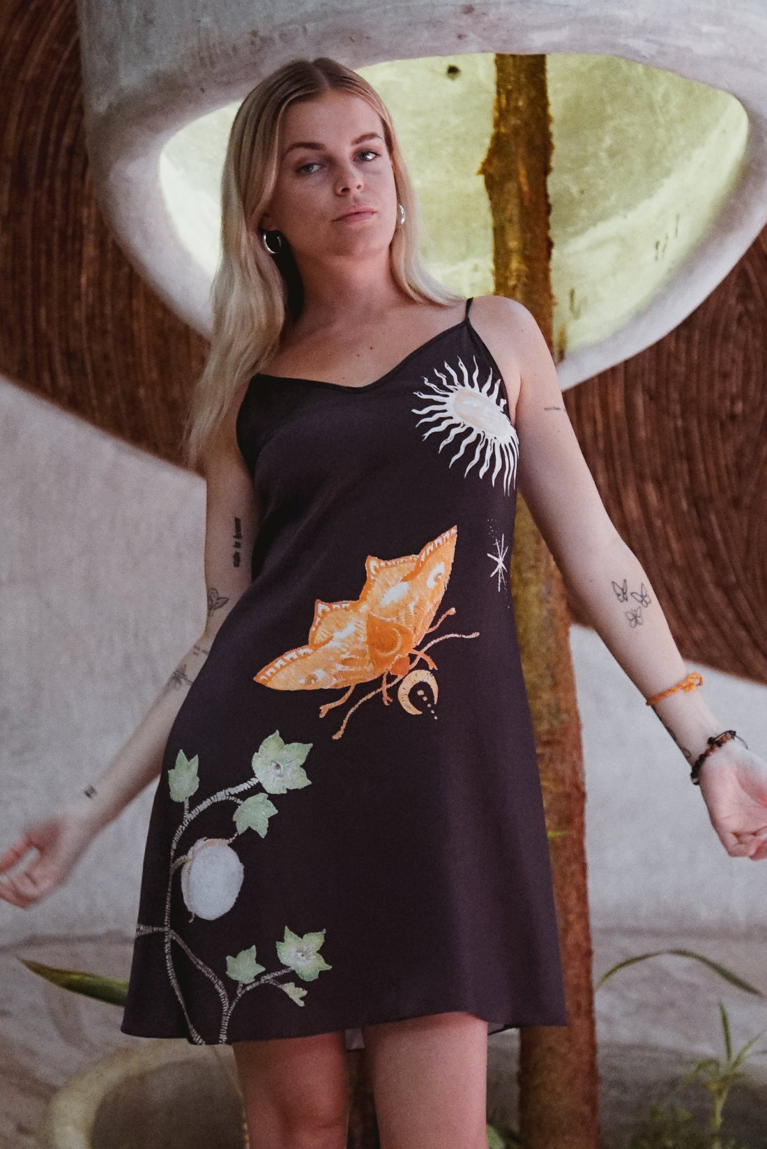 Vela Silk Slip Dress in Black Jungle Butterfly Violet Apollo