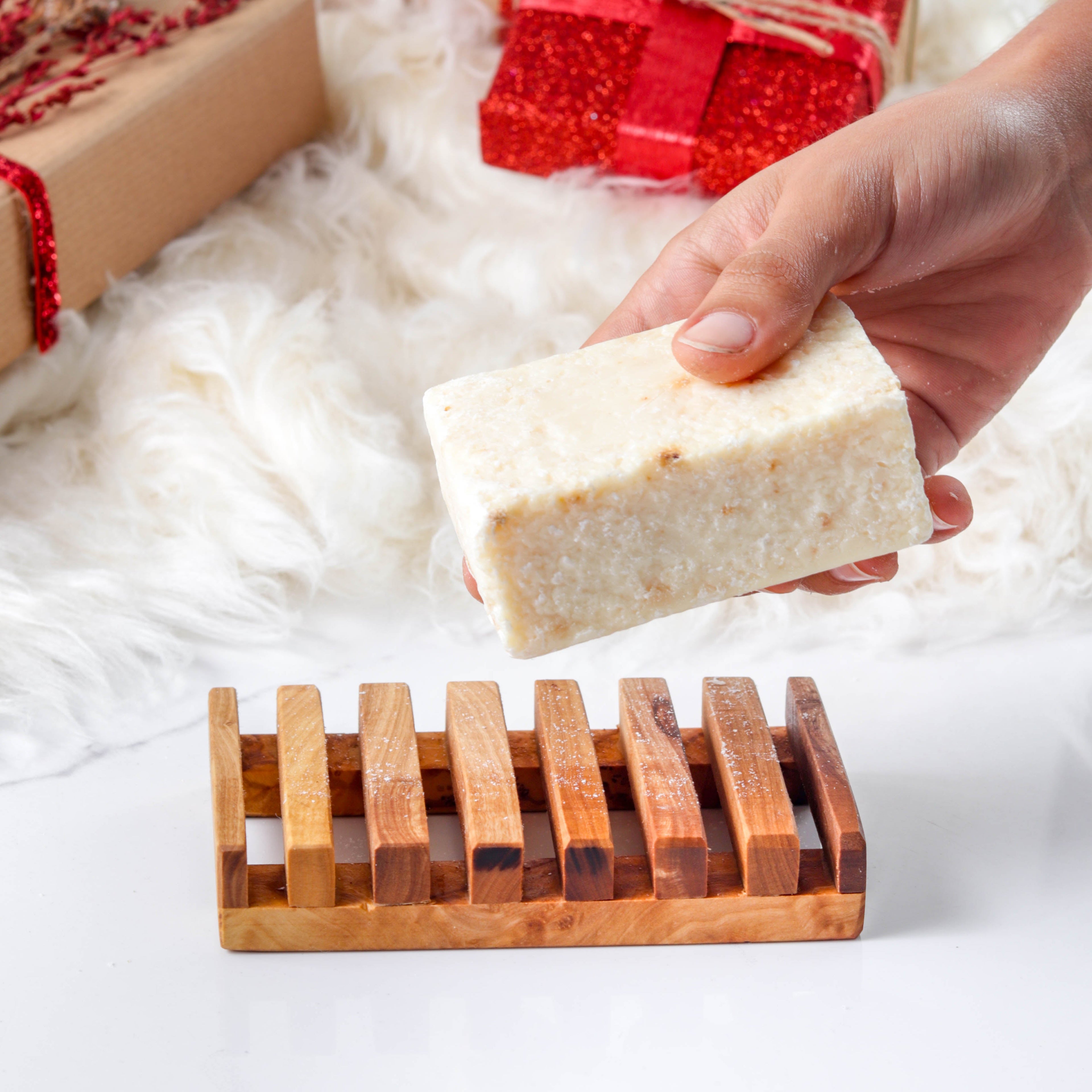 Rectangular Soap Dish Handmade from Olive Wood Turquoise Lucy