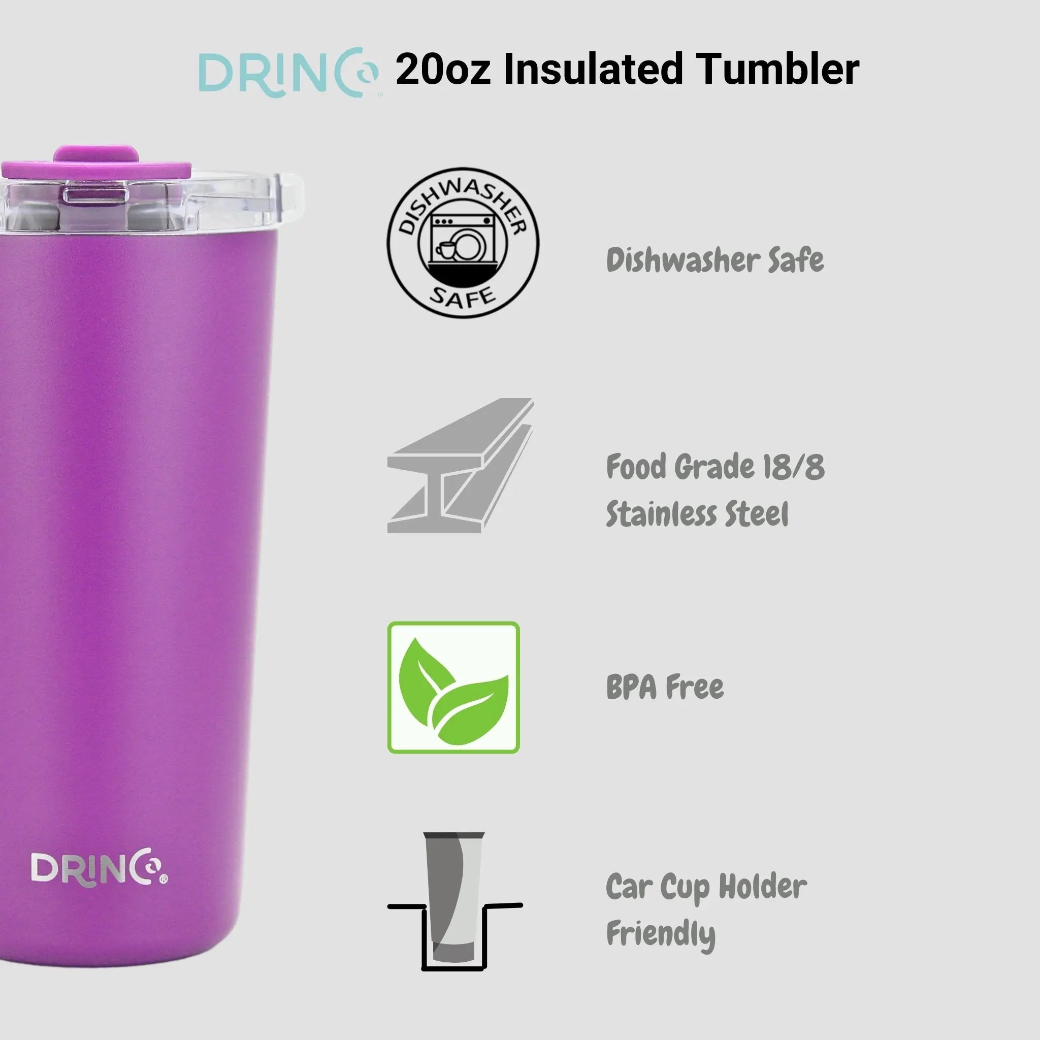 DRINCO® 20oz Insulated Tumbler w/Spill Proof Lid, 2 Straws(Purple) Orchid Lavender