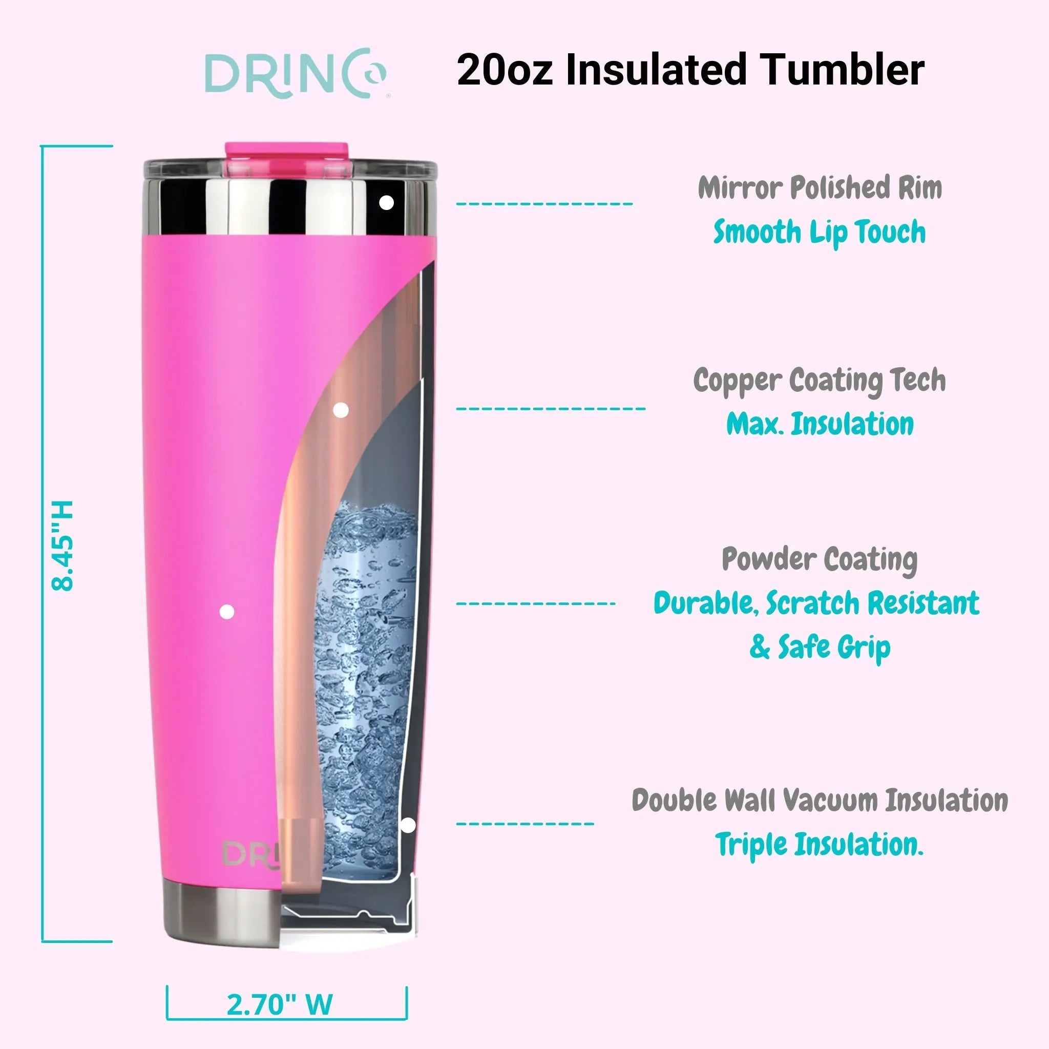 DRINCO® 20oz Insulated Tumbler Spill Proof Lid 2 Straws(Island Pink) Orchid Lavender