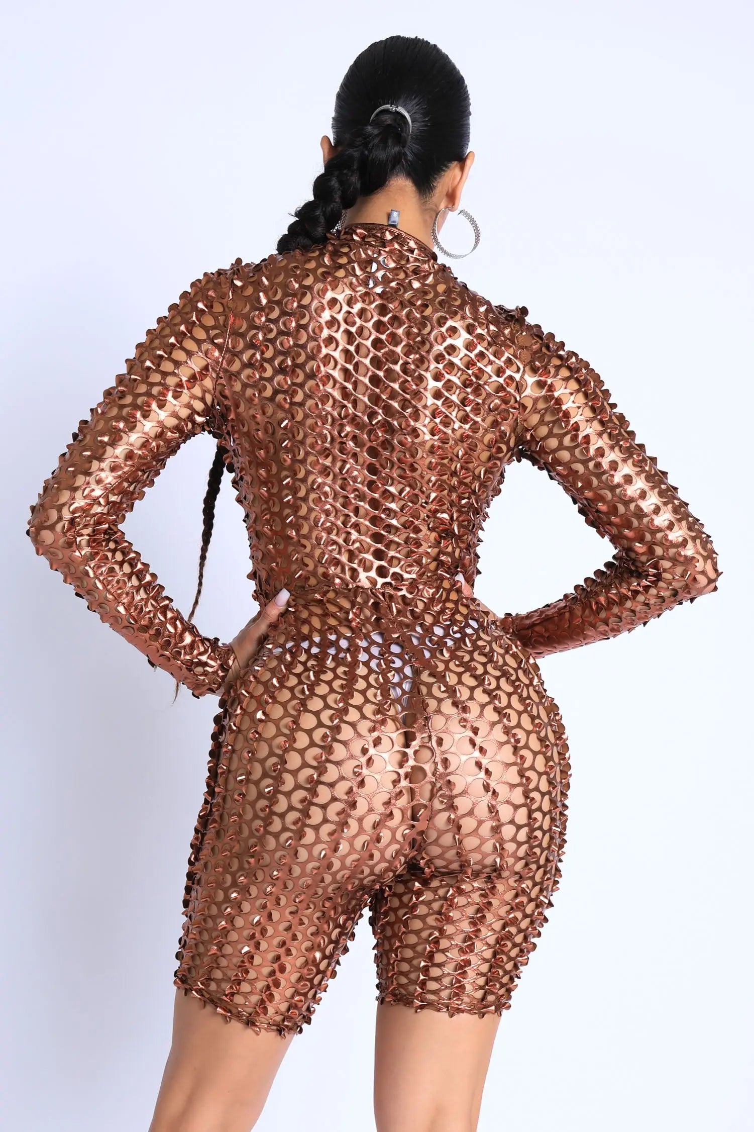 Sexy Club Outfit Romper Long Sleeve Cutting Mesh Bodysuit BRONZE Puce Juniper