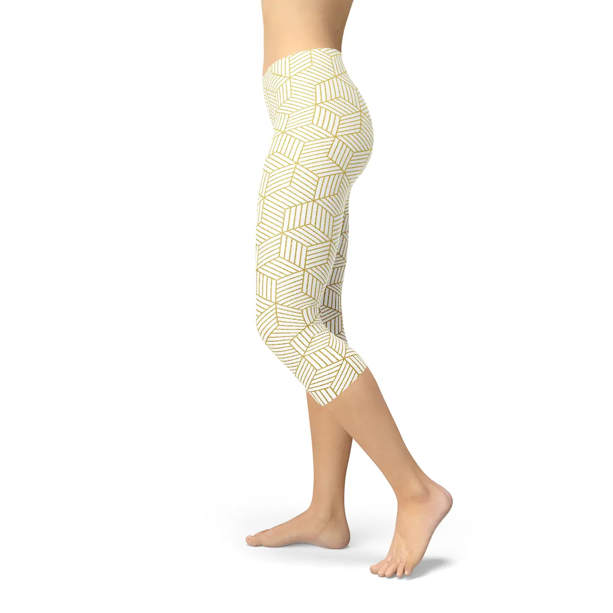 Womens White Capri Leggings w/ Geometric Cubes Maroon Sooty