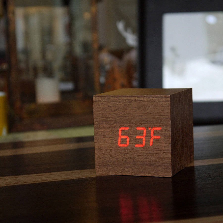 LED Teak Cube Alarm Clock Fuchsia Molly