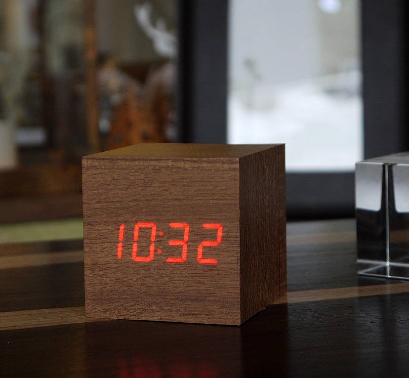 LED Teak Cube Alarm Clock Fuchsia Molly