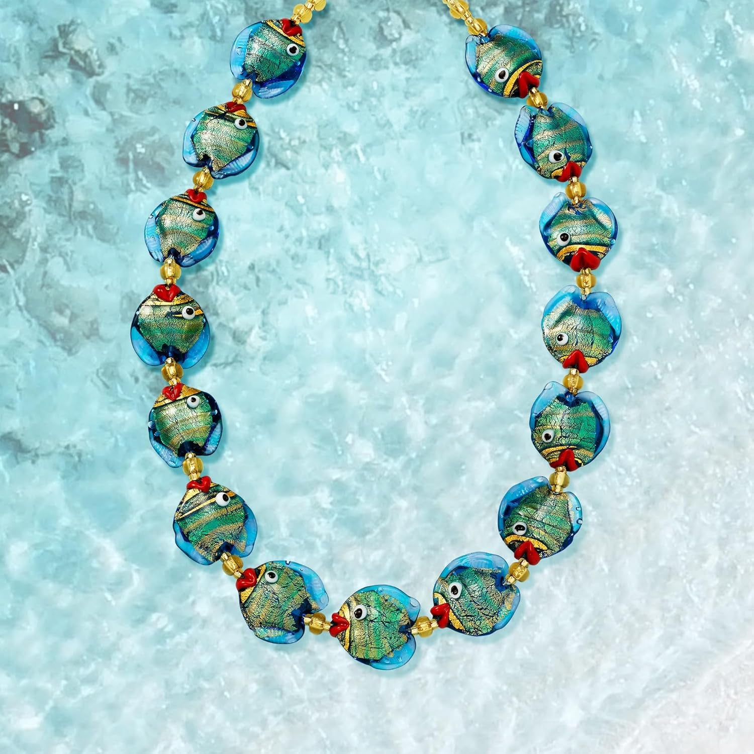 Italian Multicolored Murano Glass Fish Necklace with 18Kt Gold over Sterling. 18 Inches