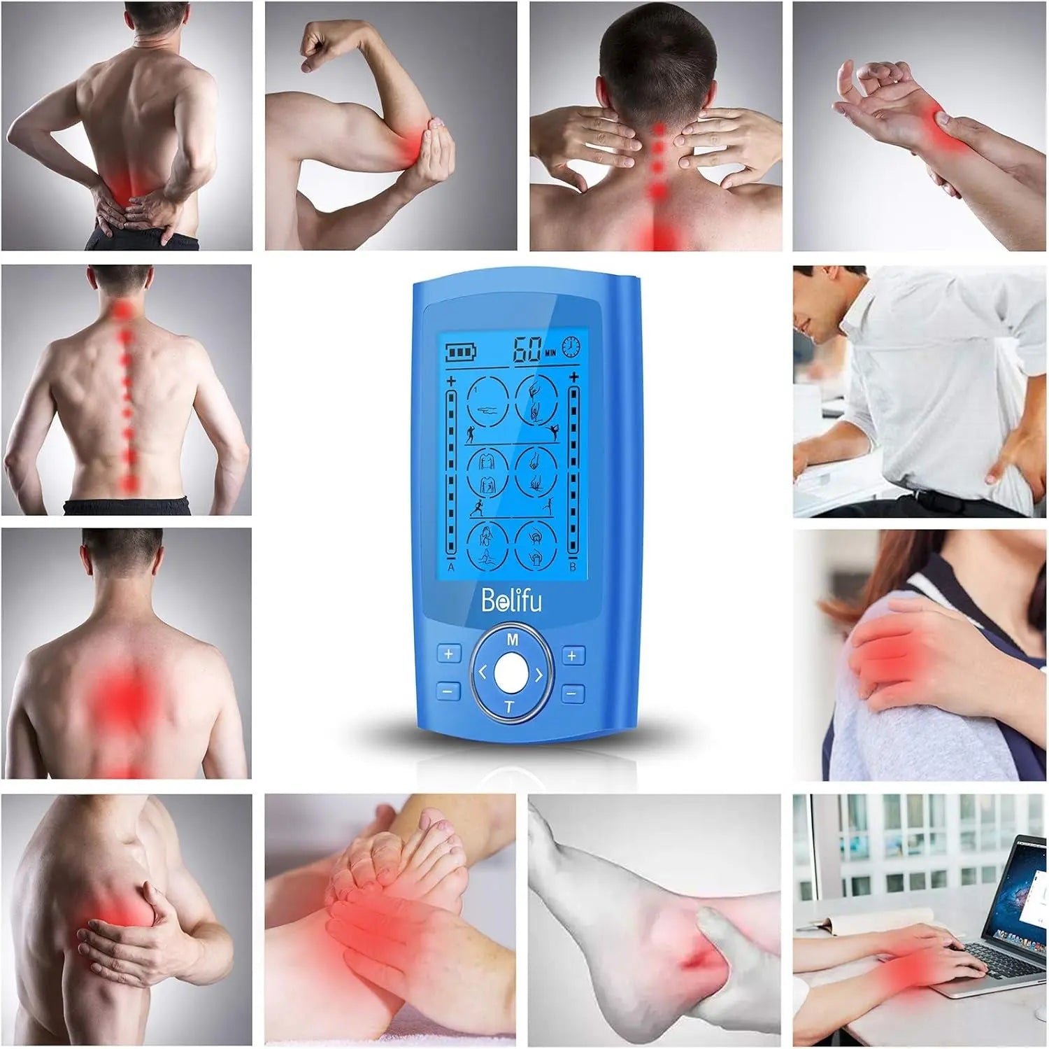 Dual Channel TENS EMS Unit 24 Modes Muscle Stimulator for Pain Relief Therapy, Electronic Pulse Massager Muscle Massager with 10 Pads, Dust-Proof Drawstring Storage Bag, Fastening Cable Ties