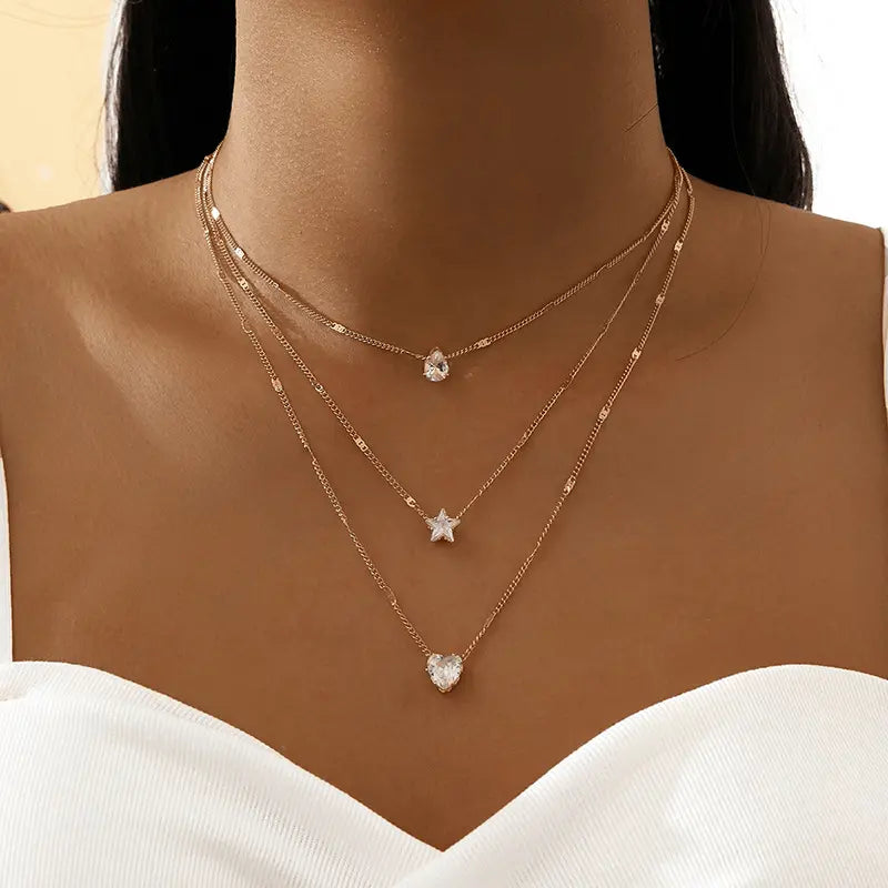 Zircon Necklace Multi-layer Five-pointed Star Love Water Drop Pendant Carmine Medusa
