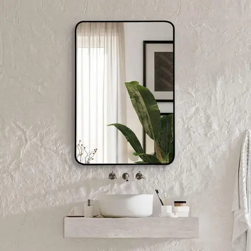 22x30 Inch Black Metal Framed Rectangular Bathrrom Mirror for Wall. Sangria Beech