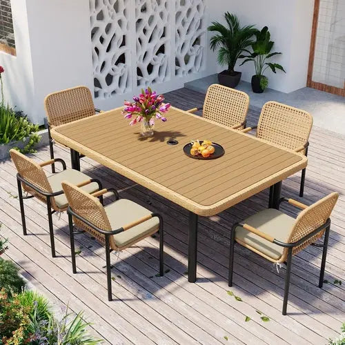 7 Pieces Patio Dining Set, Outdoor Wicker Furniture Set, Plastic-wood Sangria Beech
