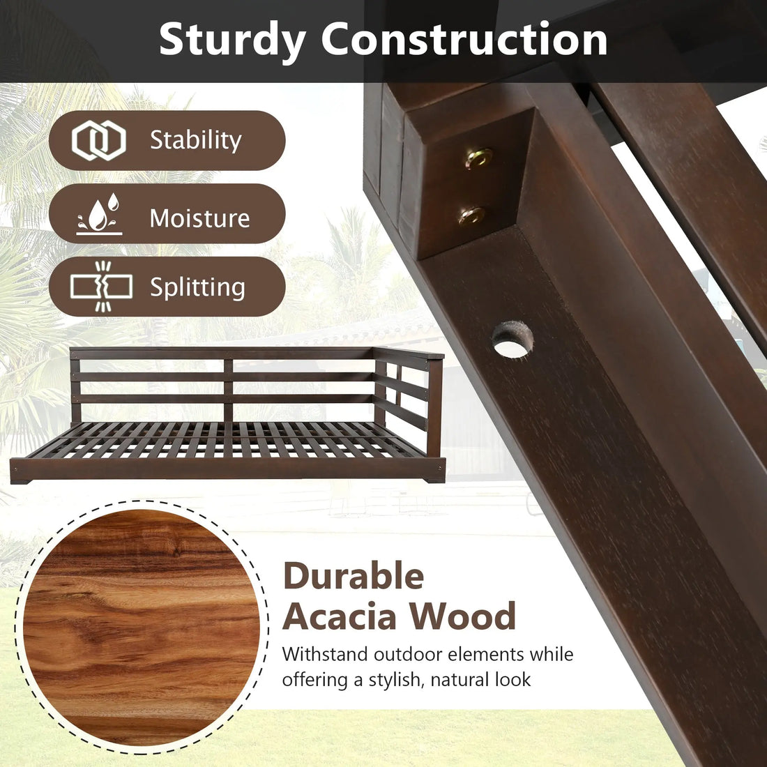 Acacia Wood Porch Swing Bed for Outdoor with Hemp Ropes - Full Size Sangria Beech