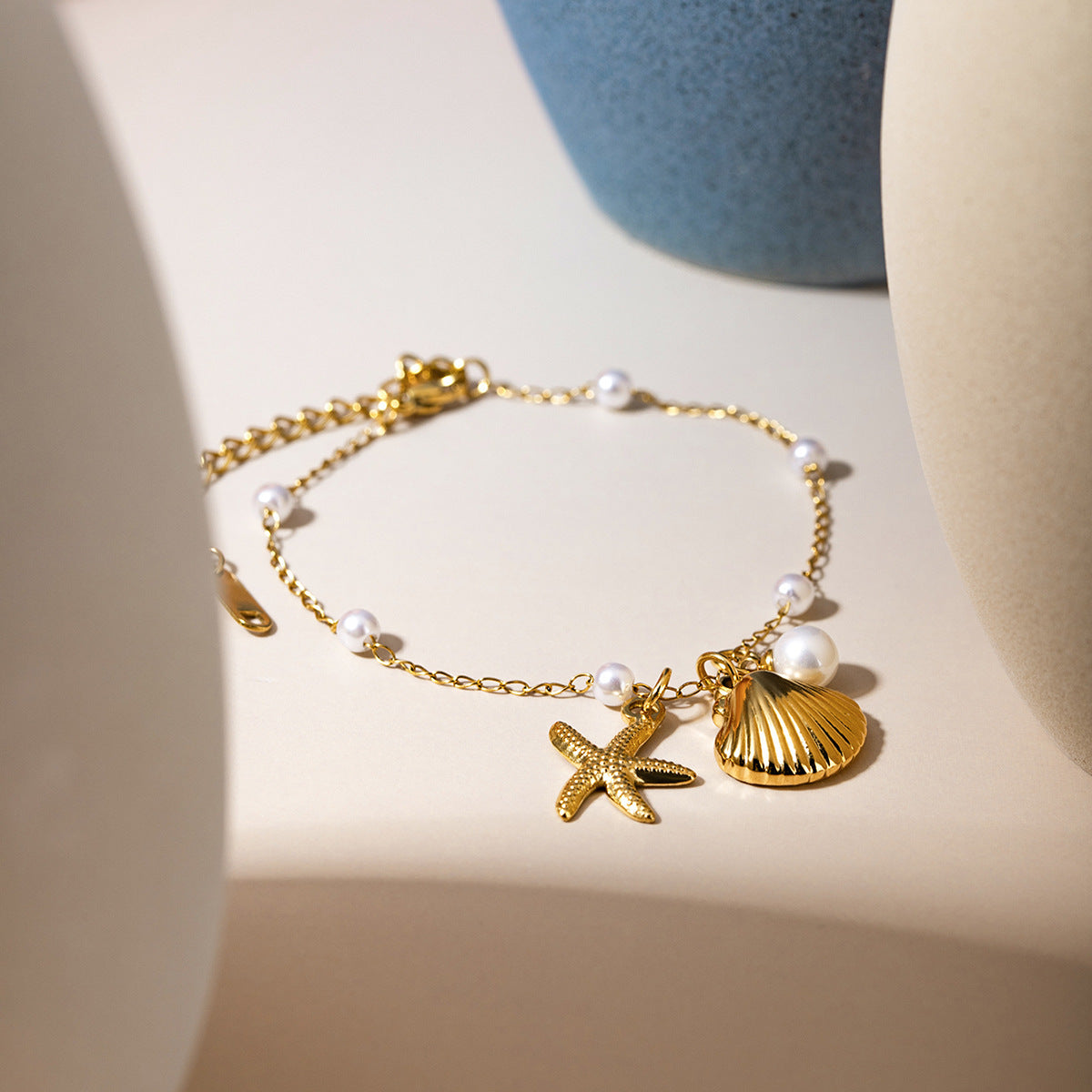 Fashion Jewelry 18K Gold Stainless Steel Pearl Chain Summer Holiday Shell Starfish Pendant Bracelet Indigo Arrowwood