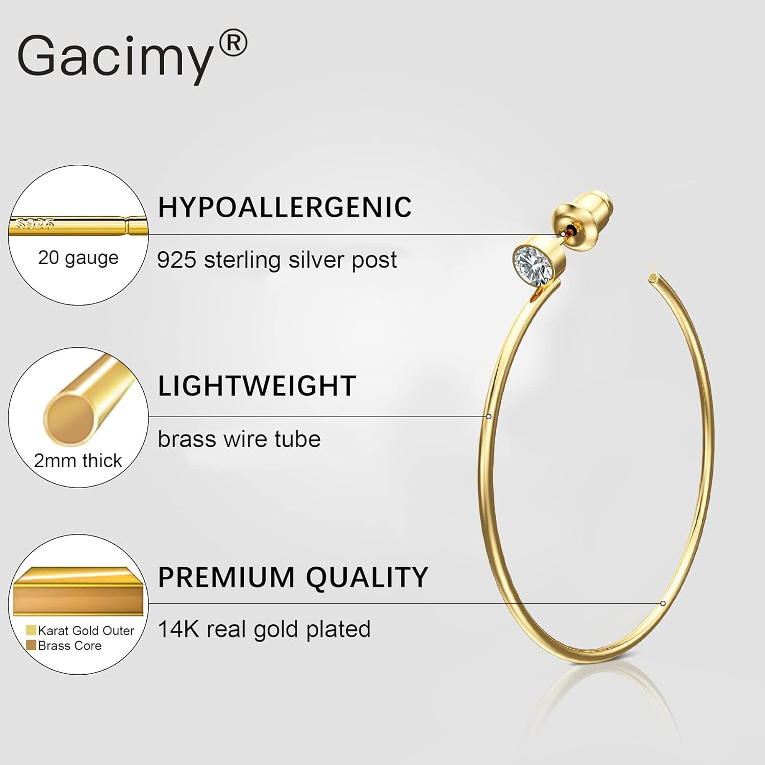 Gold Hoop Earrings for Women 14K Real Gold Plated, 925 Sterling Silver Post CZ Earrings for Women