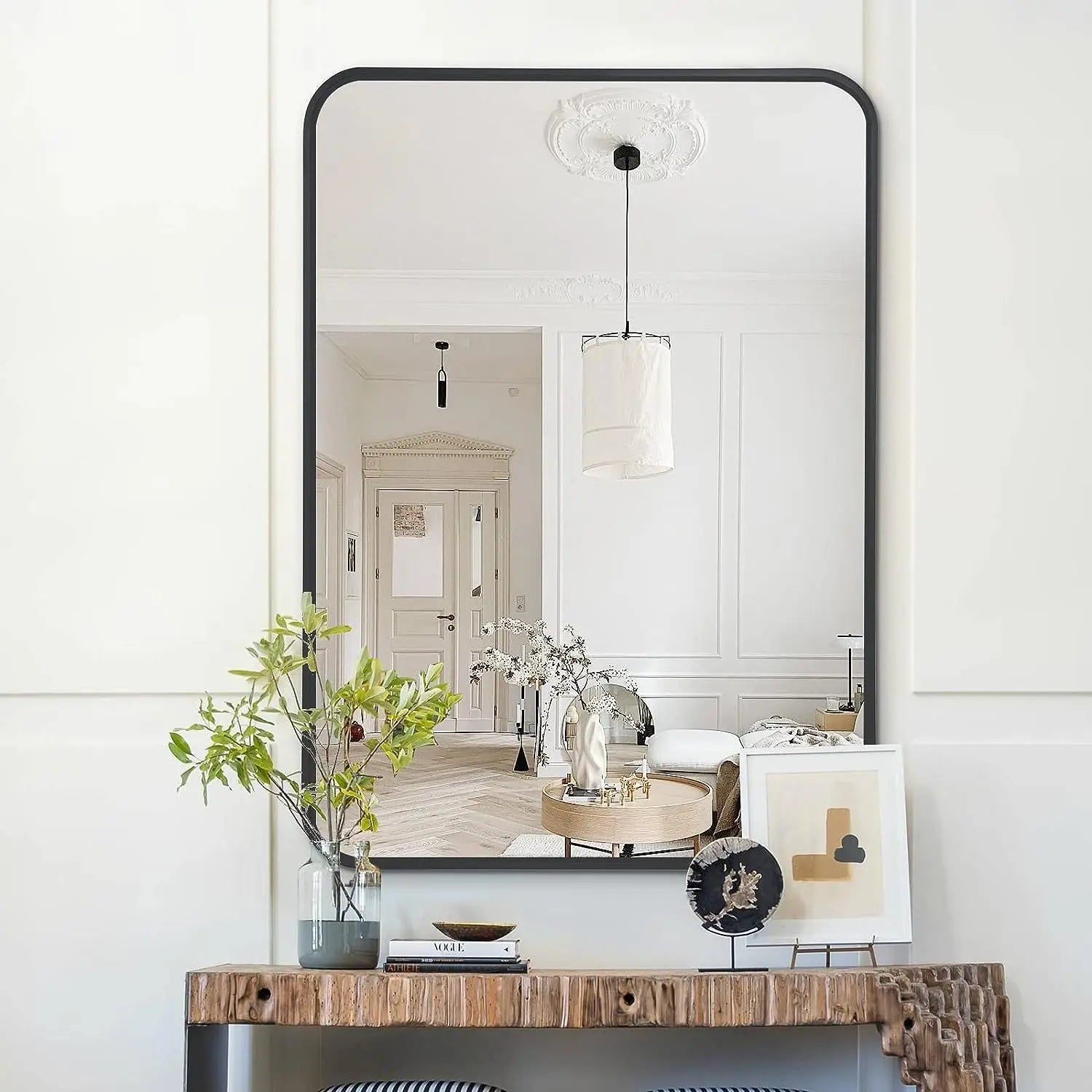 22x30 Inch Black Metal Framed Rectangular Bathrrom Mirror for Wall. Sangria Beech