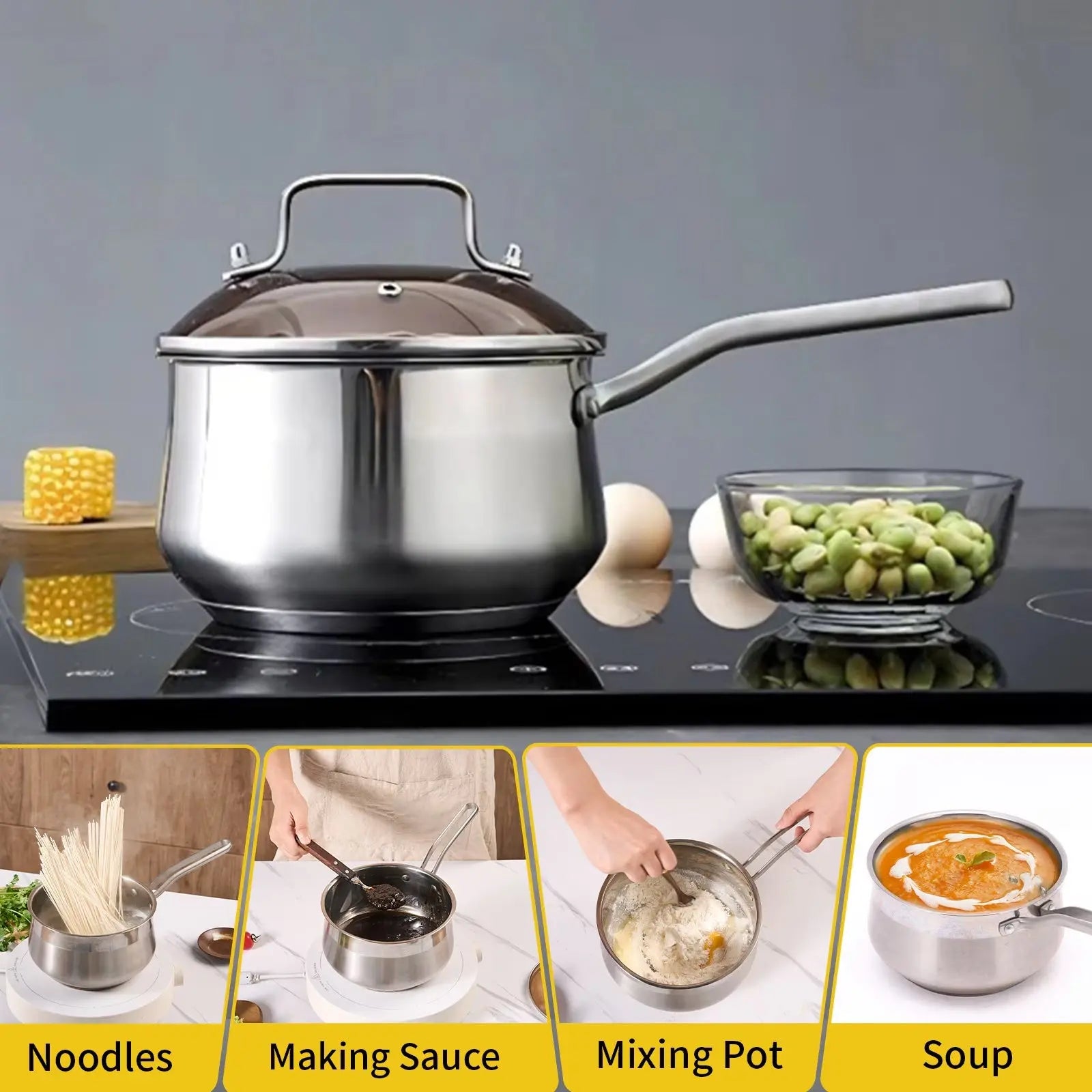 WANGYUANJI Non-Stick Stainless Steel Saucepan With Lid, 2.85QT Small Soup Pot For All Stoves, Oven Save, Dishwasher Safe Pink Lucy