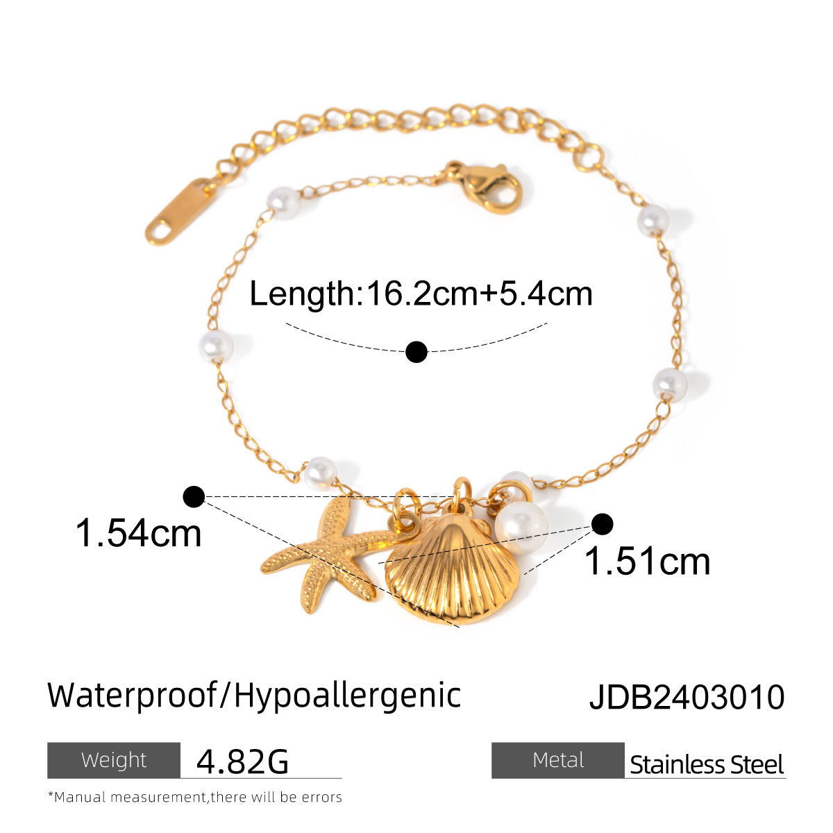 Fashion Jewelry 18K Gold Stainless Steel Pearl Chain Summer Holiday Shell Starfish Pendant Bracelet Indigo Arrowwood
