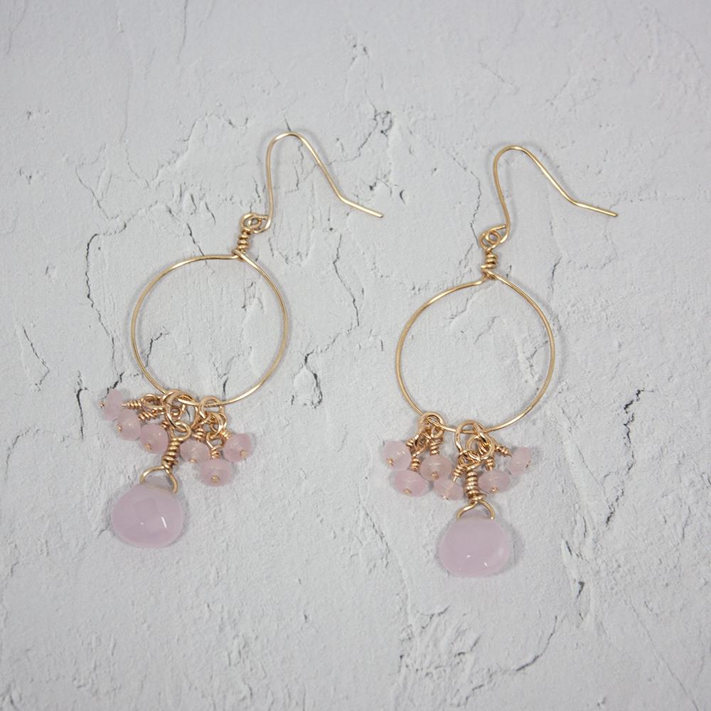 Pink Chalcedony and Jade Cluster Hoop Earrings Grey Clymene