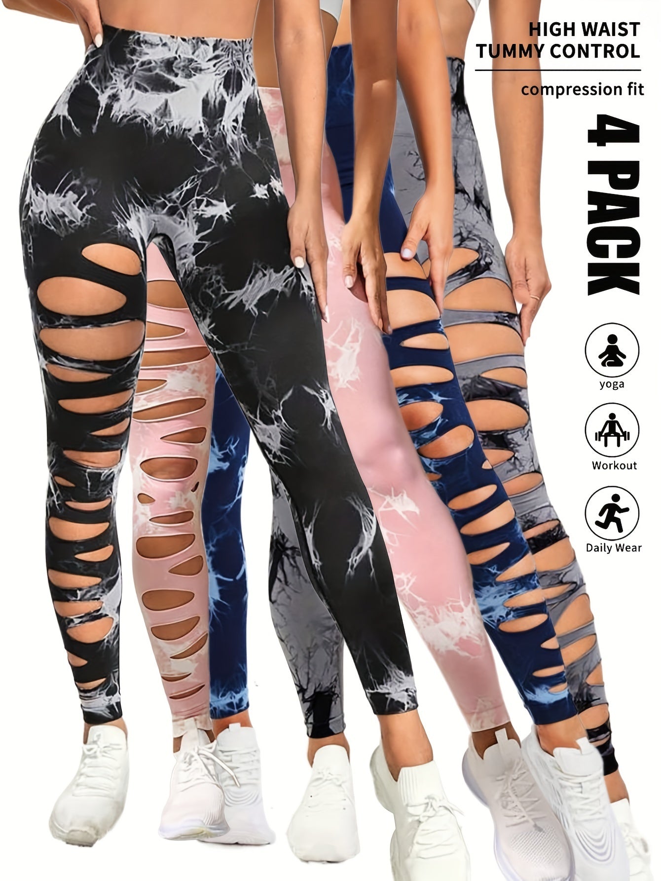 Adorex 4 Pack Tie-dye Workout Leggings For Women High Waist Seamless Scrunch Butt Lifting Gym Yoga Pants Elastic Pants Pink Lucy