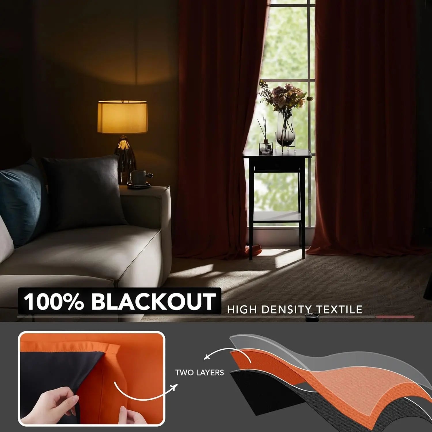 Total Blackout Curtains, Rod Pocket Thermal Insulated Drapes for Bedroom, 2 Panels, 100% Light Blocking, Energy Saving Curtains, Orange, W52 X L108