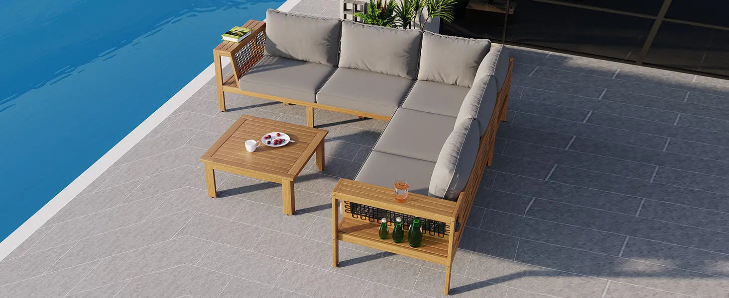 4 Pieces Outdoor Acacia Wood Sofa Set, Woven Mesh Armrests, L-Shaped Sangria Beech