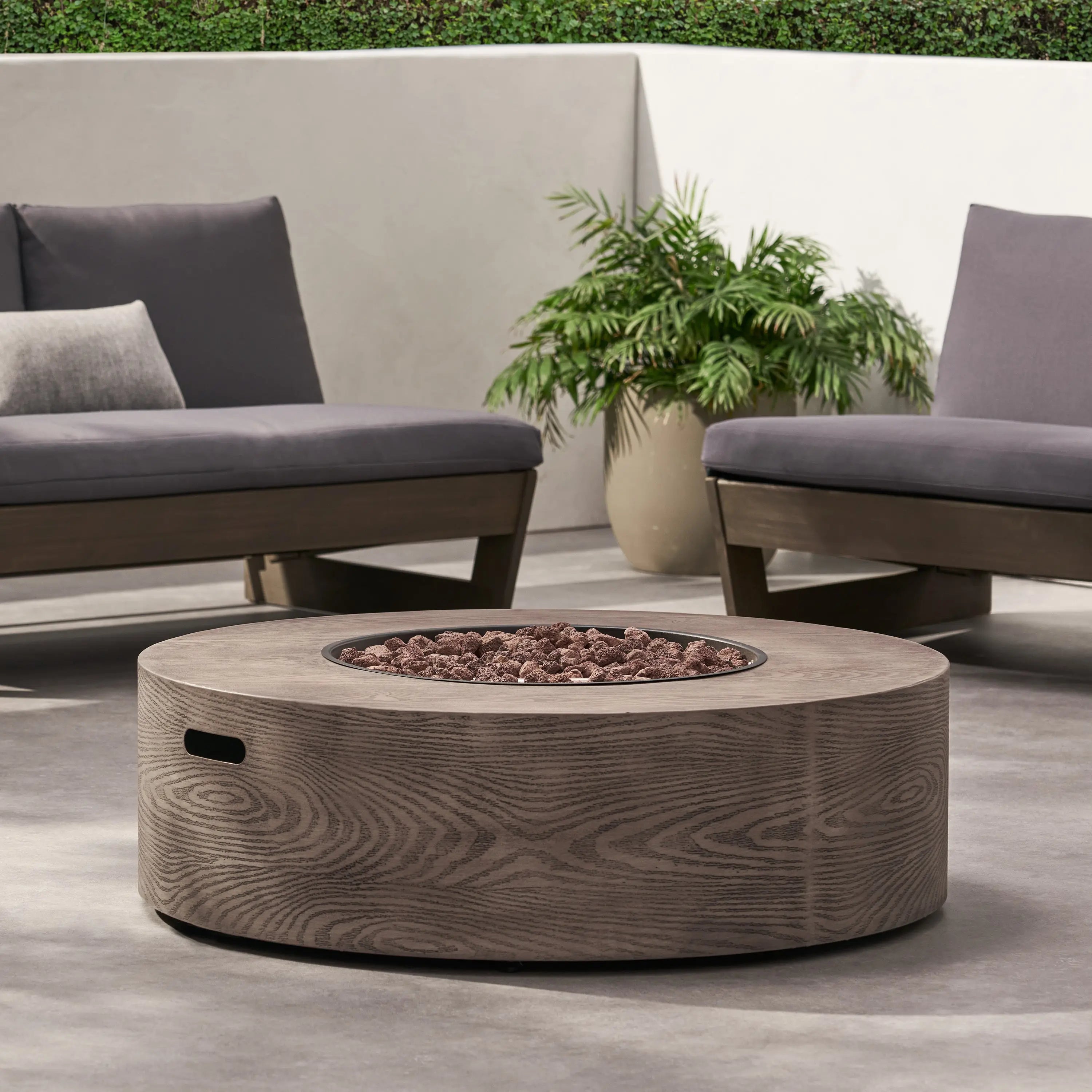 AIDAN ROUND IRON FIRE PIT - 50,000 BTU TANK OUTSIDE Sangria Beech