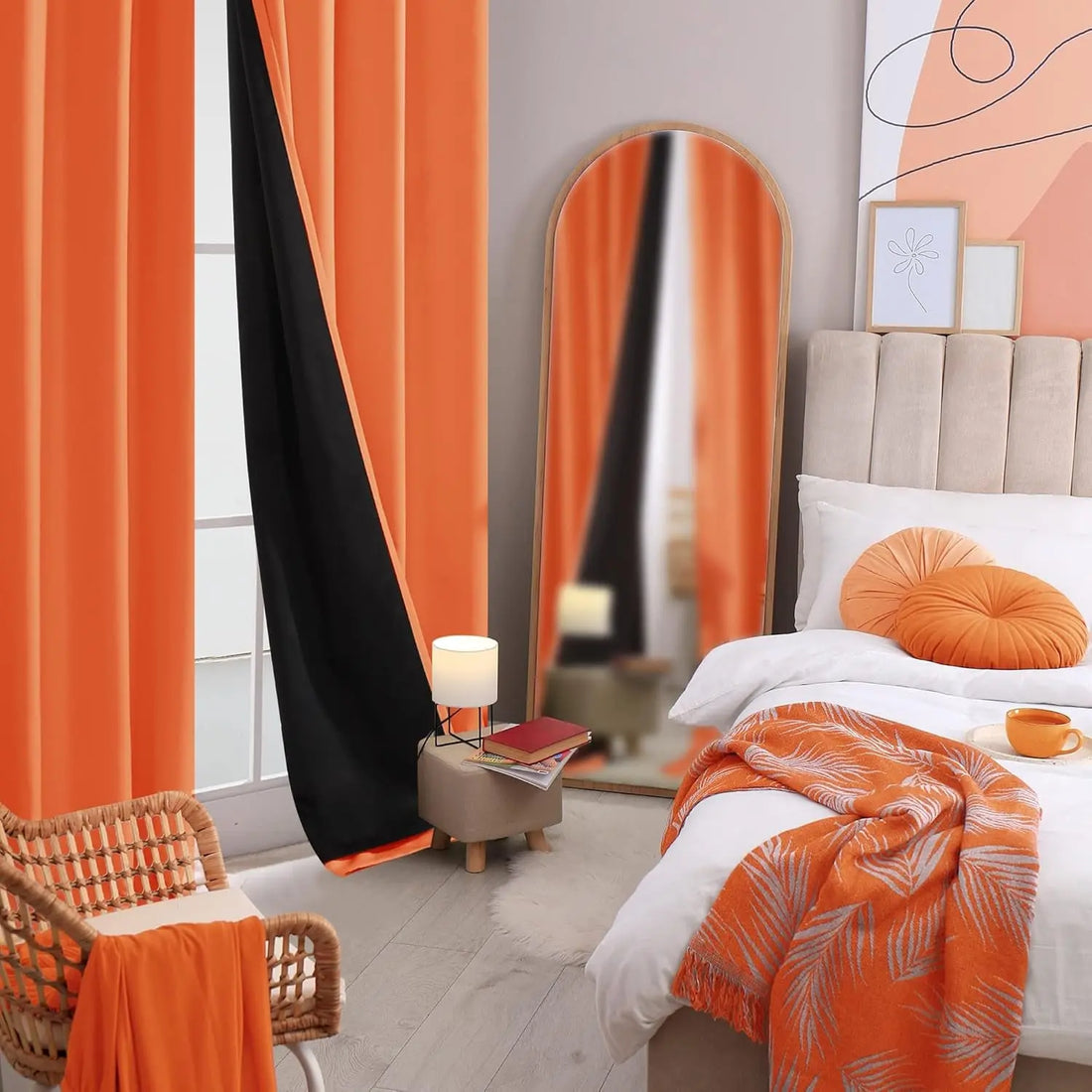 Total Blackout Curtains, Rod Pocket Thermal Insulated Drapes for Bedroom, 2 Panels, 100% Light Blocking, Energy Saving Curtains, Orange, W52 X L108