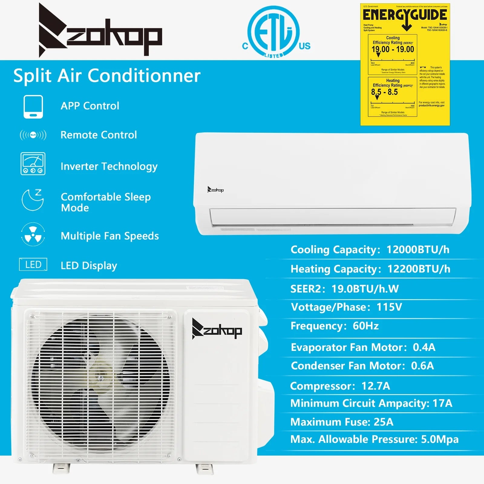 19 Seer 12000BTU Wifi Enabled Mini Split Air Conditioner Ductless Inverter System, 115V 60Hz Energy Efficient Unit with Heat Pump