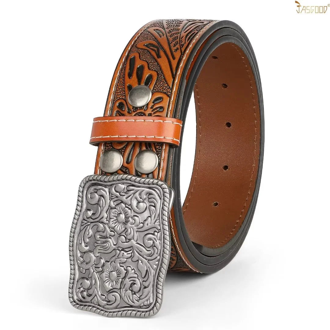 Men Women Western Belts Floral Embossed Leather Country Belt Cowgirls Cowboy