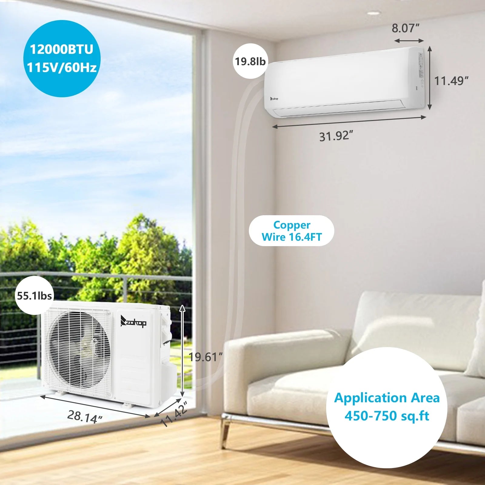 19 Seer 12000BTU Wifi Enabled Mini Split Air Conditioner Ductless Inverter System, 115V 60Hz Energy Efficient Unit with Heat Pump