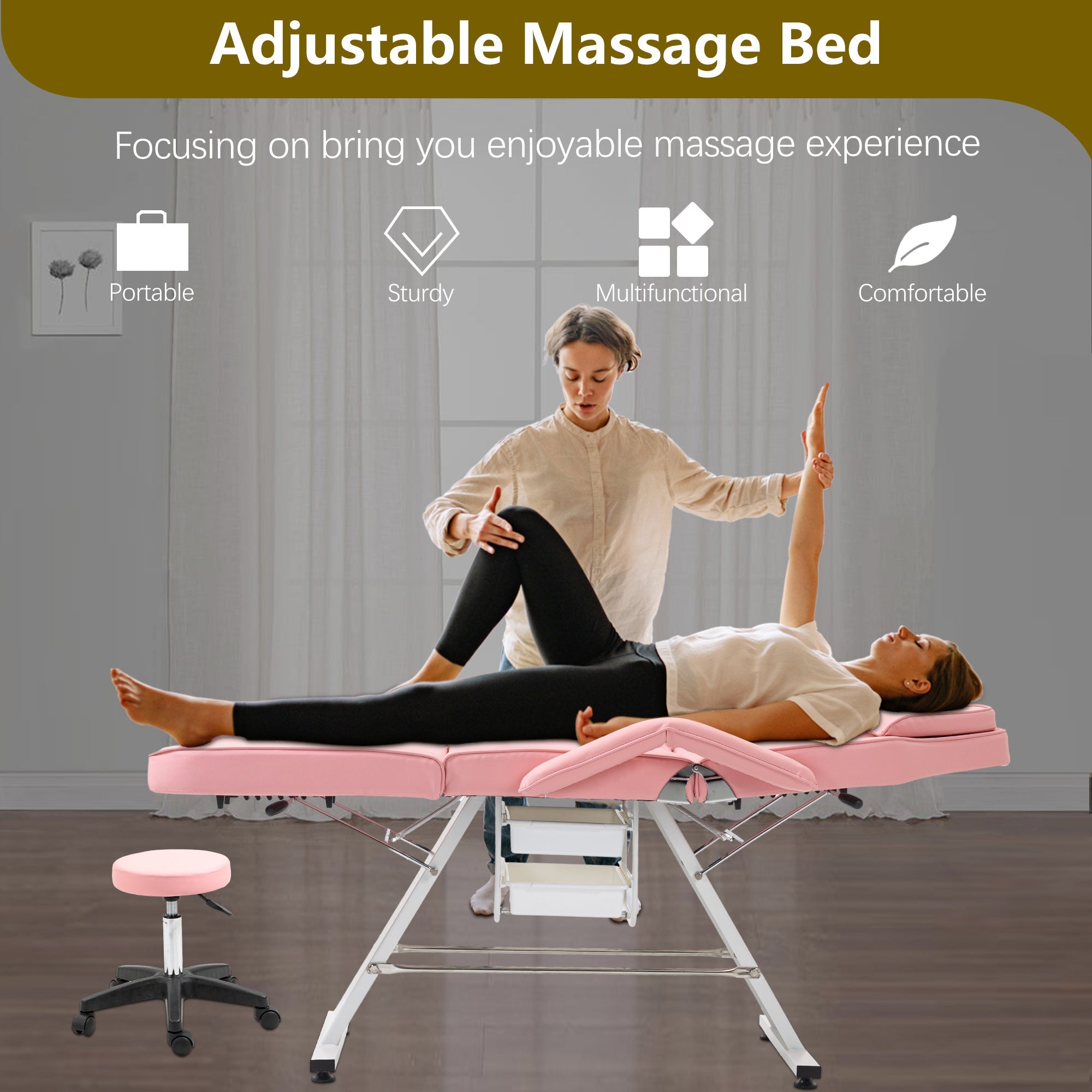 Massage Salon Tattoo Chair With Two Trays Esthetician Bed With Hydraulic Stool,Multi-Purpose 3-Section Facial Bed Table, Adjustable Beauty Barber Spa Beauty Equipment Pink Lucy