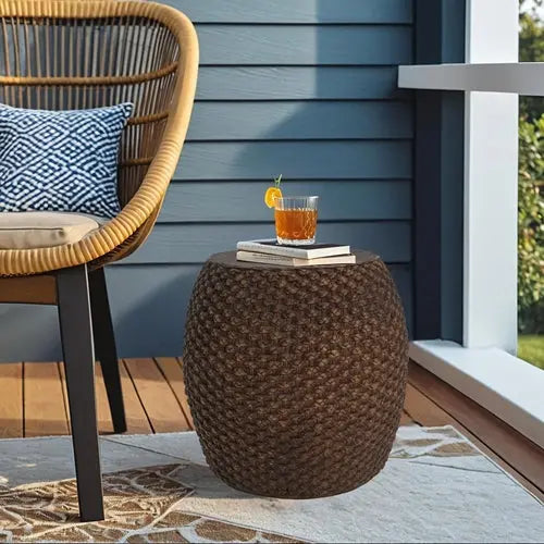 Faux Rattan Side Table for Both Indoor and Outdoor Use, Handmade MgO, Sangria Beech