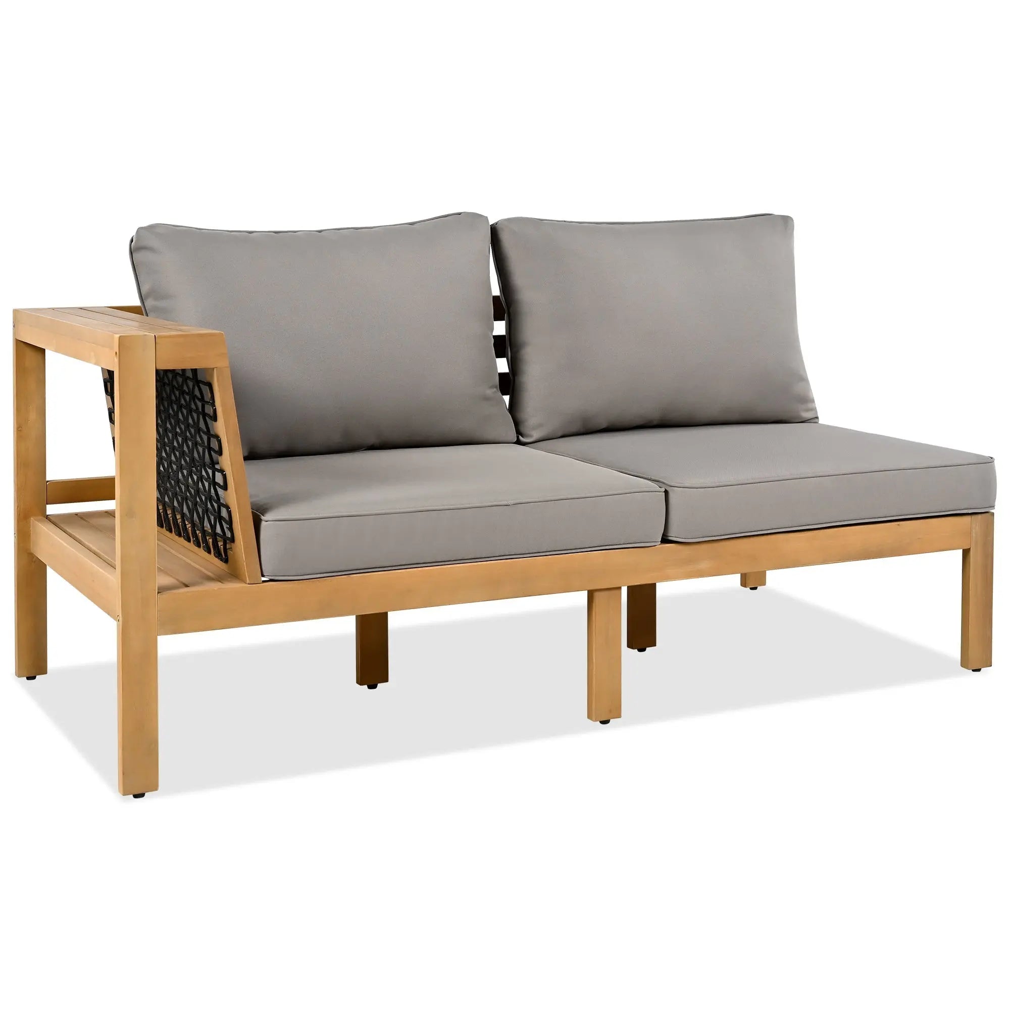 4 Pieces Outdoor Acacia Wood Sofa Set, Woven Mesh Armrests, L-Shaped Sangria Beech