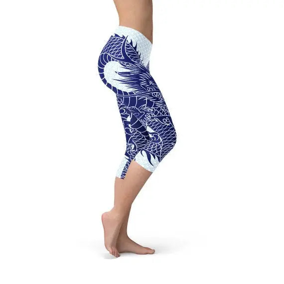 Womens Japanese Dragon Capri Leggings Maroon Sooty