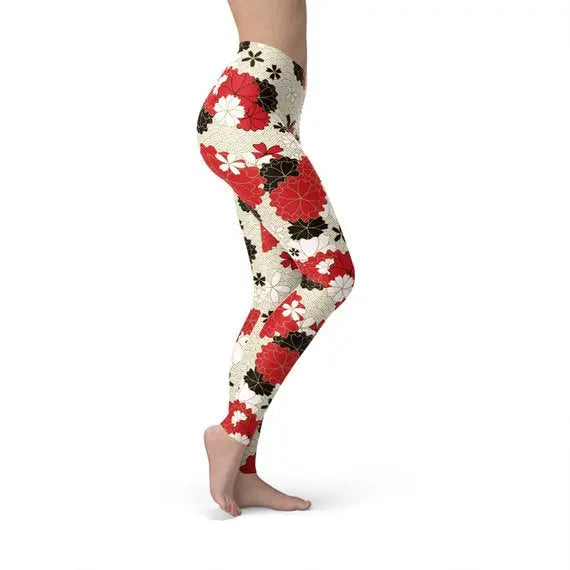 Womens Japanese Cherry Blossom Leggings Maroon Sooty