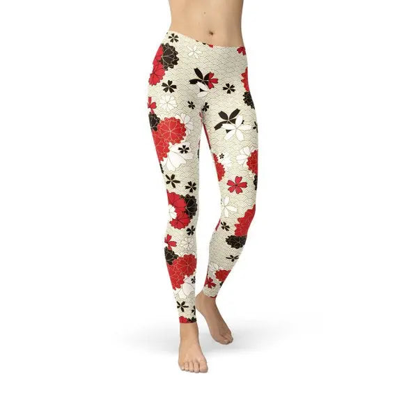 Womens Japanese Cherry Blossom Leggings Maroon Sooty