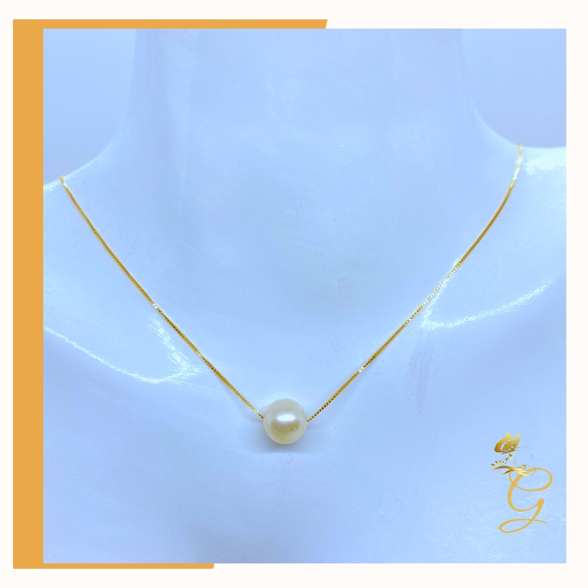 18K Real Gold Set of white Pearl Earrings and Necklace 18” Yellow Angel