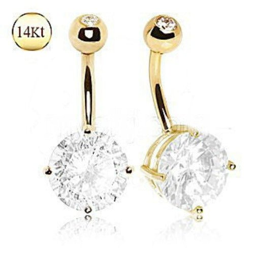 14Kt Yellow Gold Navel Ring with Large Clear Round Prong Set CZ Peridot