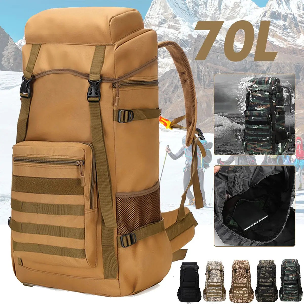 Waterproof Outdoor Camping 70L Military Backpack Yellow Pandora