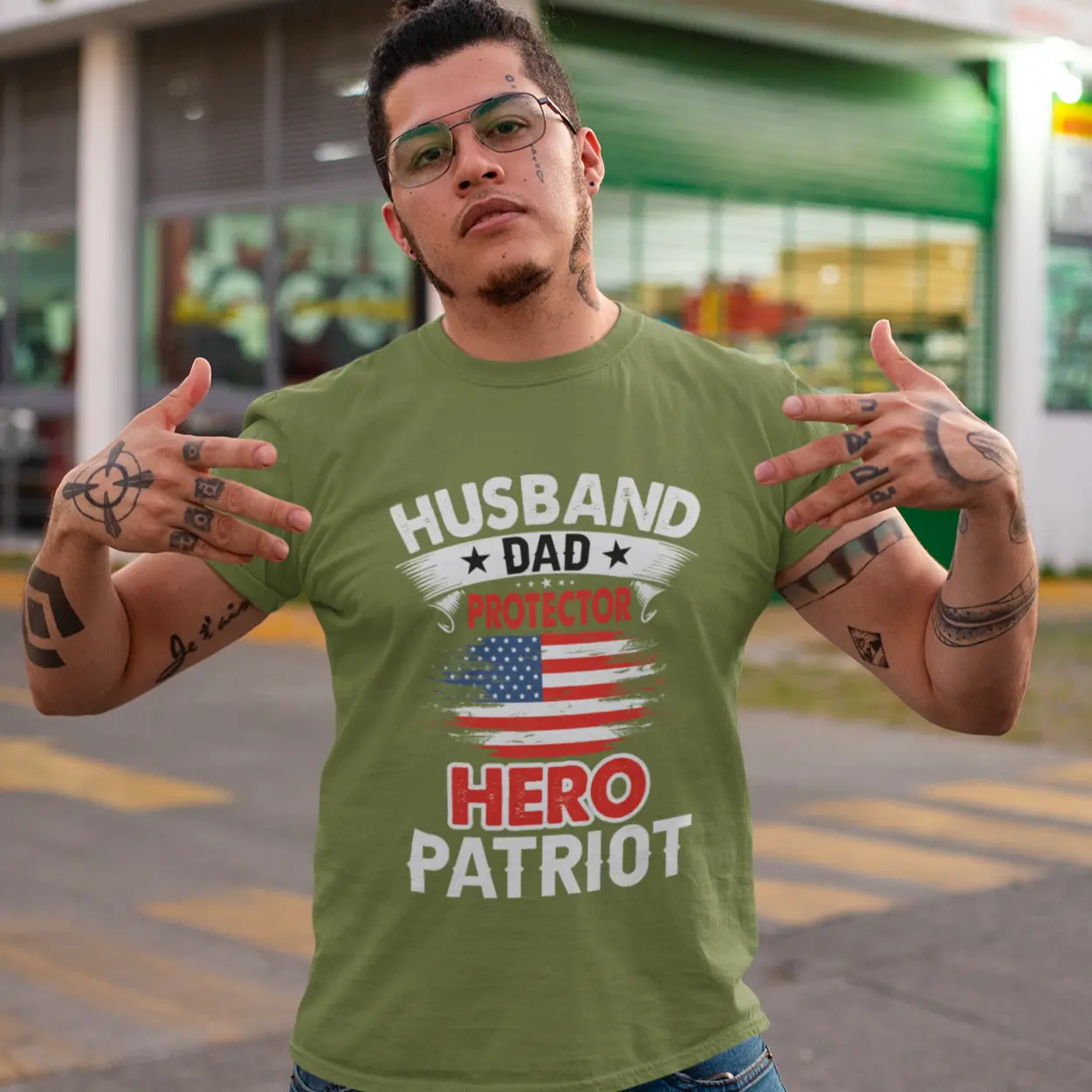 Husband, Dad, Protector, Hero, Patriot Short Sleeve T Shirt Yellow Pandora